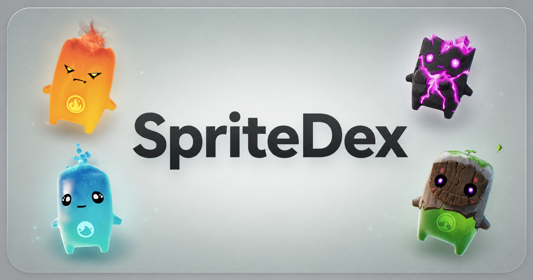 SpriteDex with four Fortnite Sprites representing fire, water, earth, and dark elements